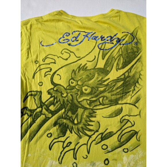 Vintage Ed Hardy Shirt Mens XXL Double Dragon Yellow Christian Audigier - Picture 9 of 10